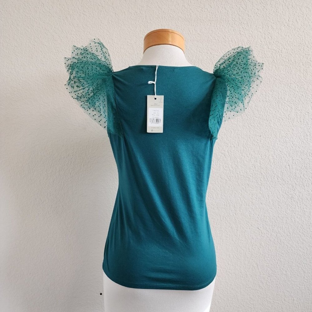 NWT Boden Polka Dot Tulle Statement Shoulder Ruffle Jersey Forest Green US4 - Picture 6 of 11